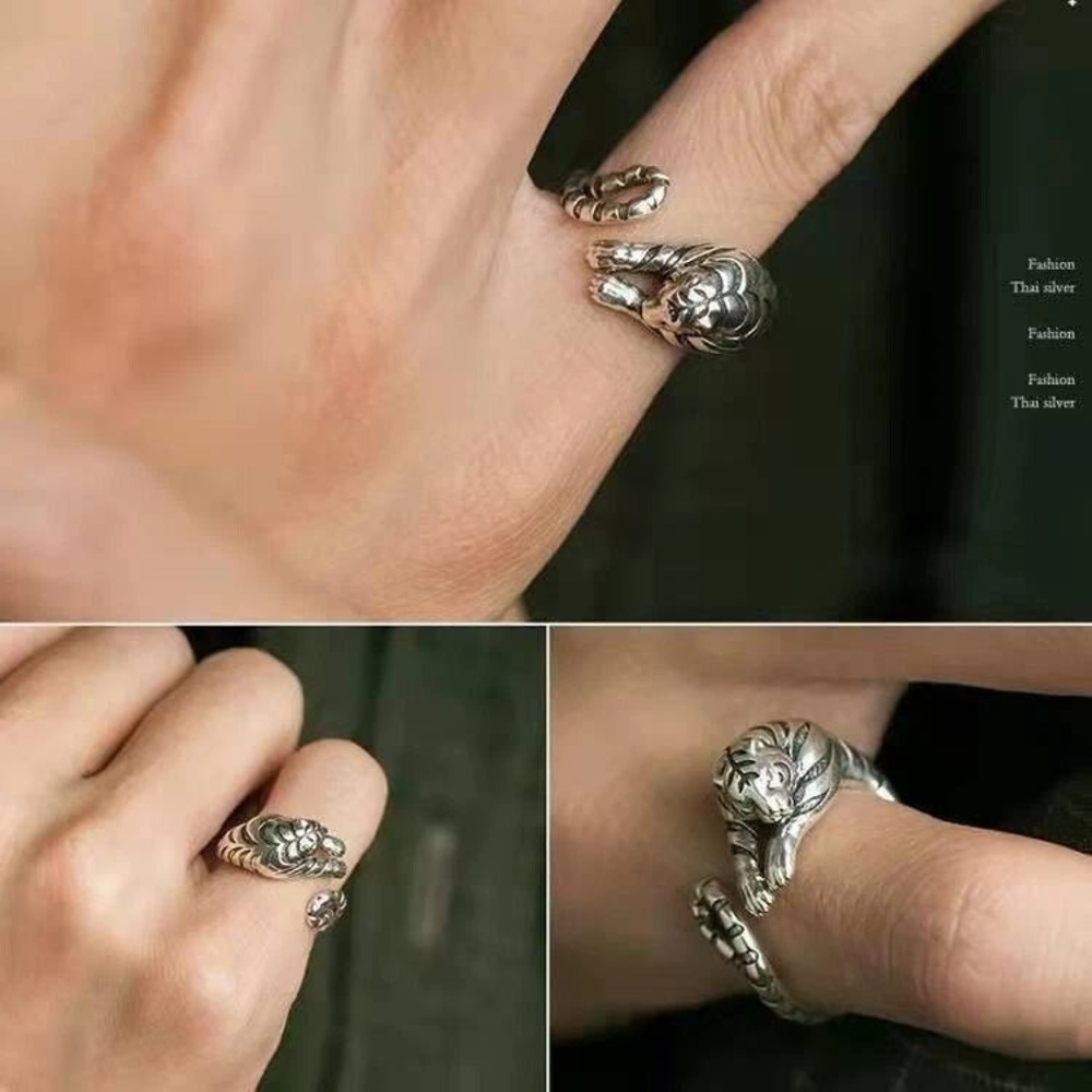 Tiger Ring 925 Sterling Silver for Men Women Retro Punk Biker Ring Adjustable J - Picture 9 of 10